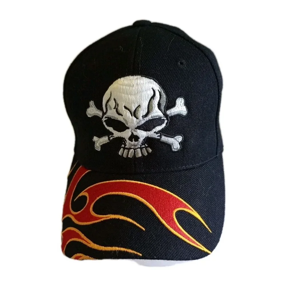 Skull On Fire Brim On Fire Choppers Embroidered Hat Flame Graphic Bikercore